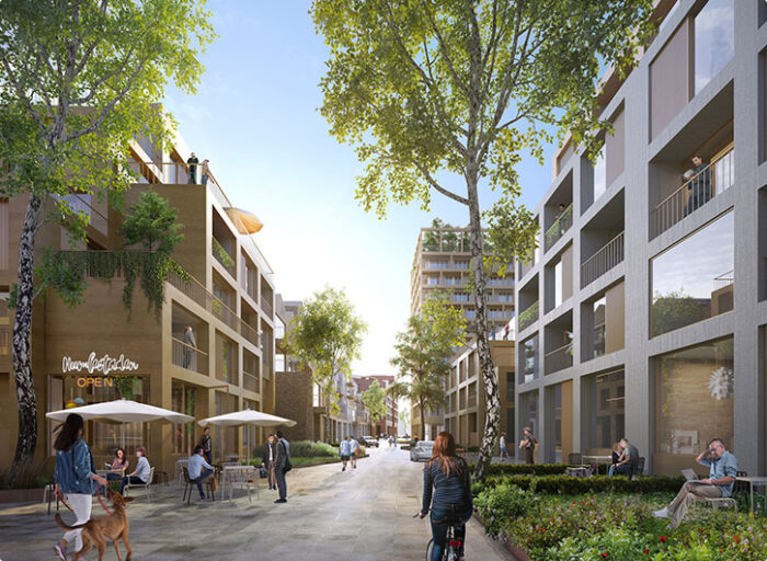a row of buildings on the side of a street with pedestrians
