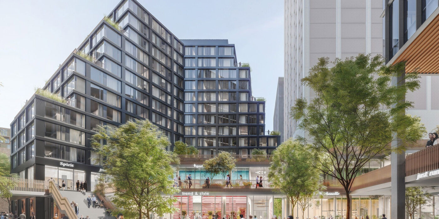 A modern building in an urban setting and a bustling pedestrian area