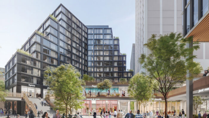 A modern building in an urban setting and a bustling pedestrian area