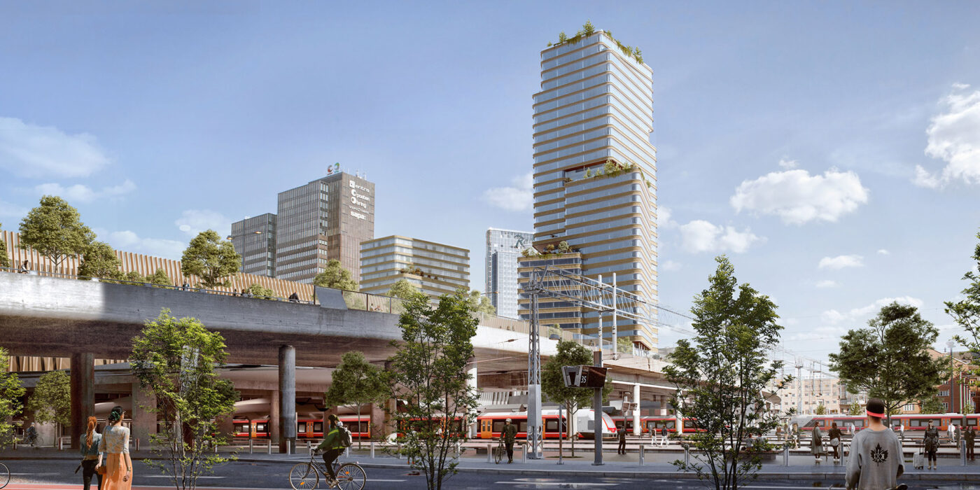 A city with tall, modern glass-fronted buildings