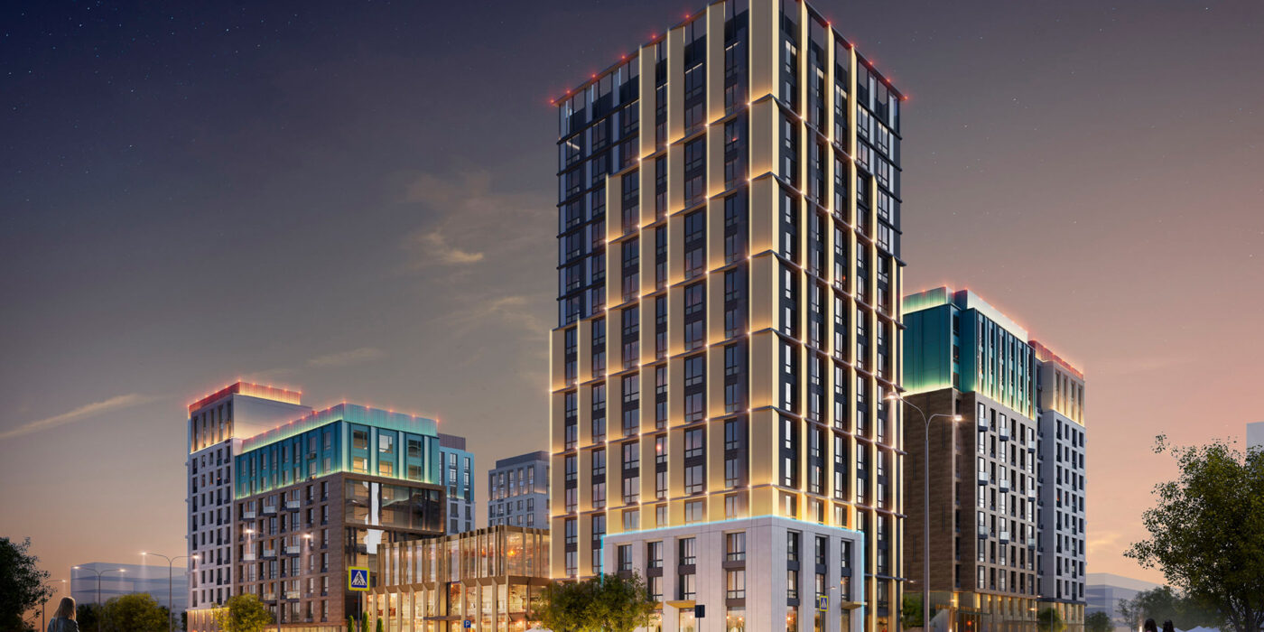 A city with tall, modern glass-fronted buildings