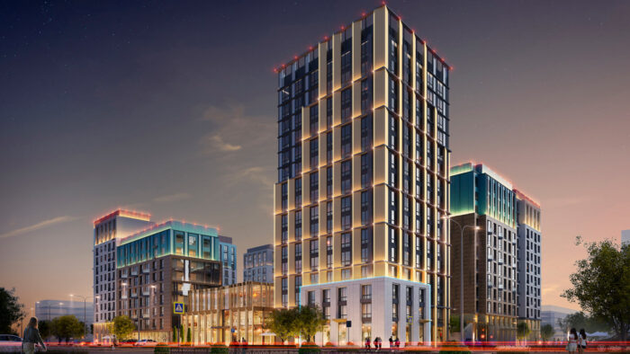 A city with tall, modern glass-fronted buildings