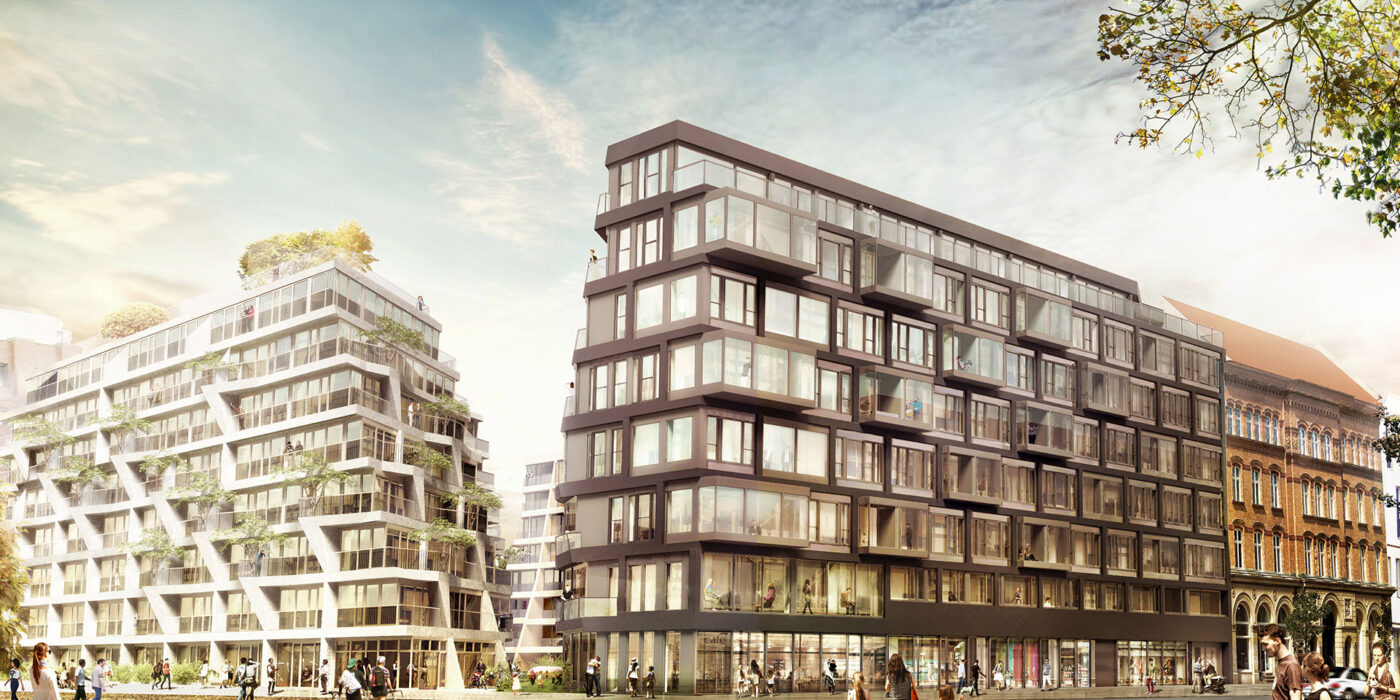 an modern apartment complex with a lot of windows