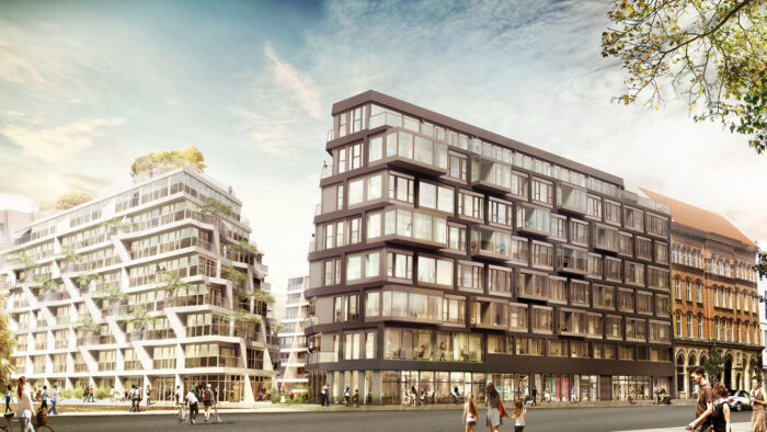 an modern apartment complex with a lot of windows