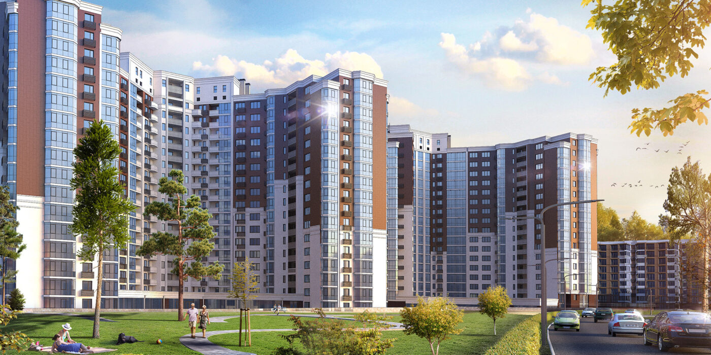 modern building swith many windows and a bustling pedestrian area