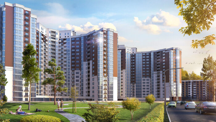 modern building swith many windows and a bustling pedestrian area