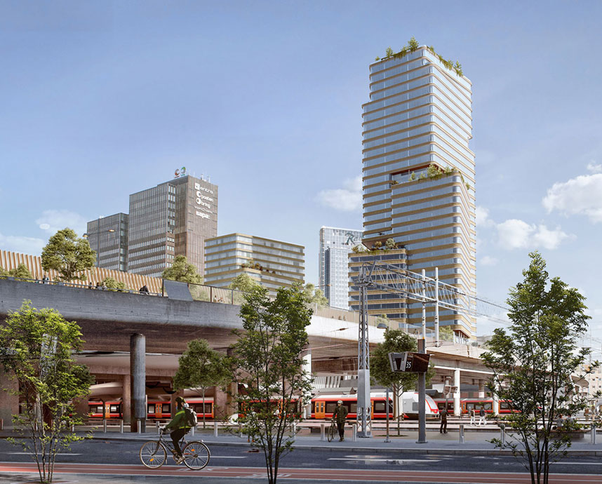 A city with tall, modern glass-fronted buildings