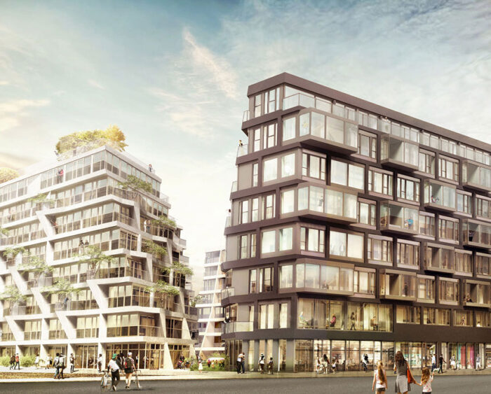 an modern apartment complex with a lot of windows